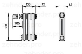 Схема (чертеж) Радиатор Zehnder Charleston 2030/3 №V012 Белый глянцевый RAL 9016